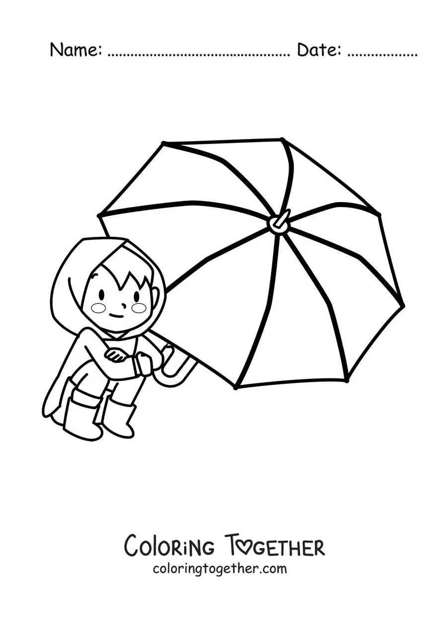 Coloring page of a kawaii boy sitting with a parasol