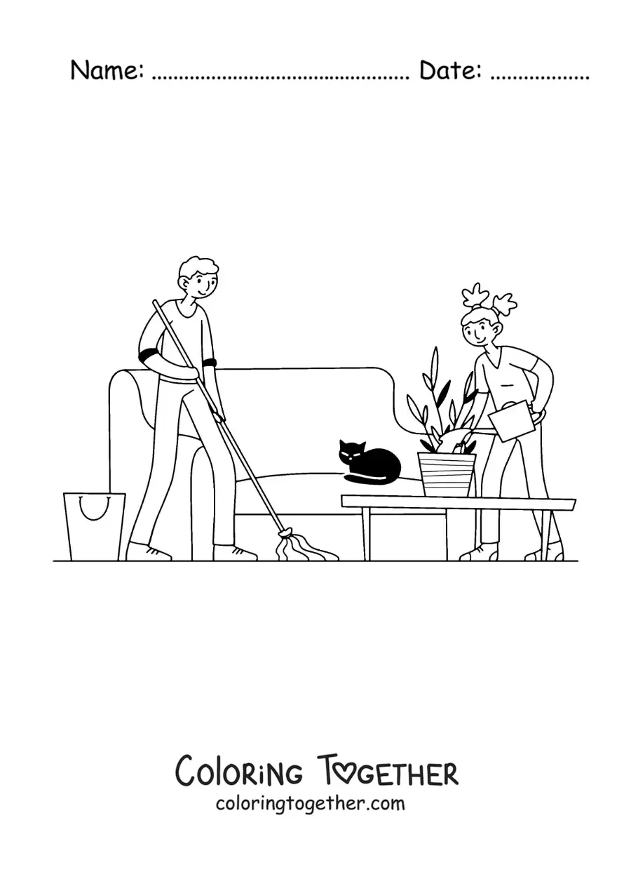 Coloring page of a couple doing the household chores