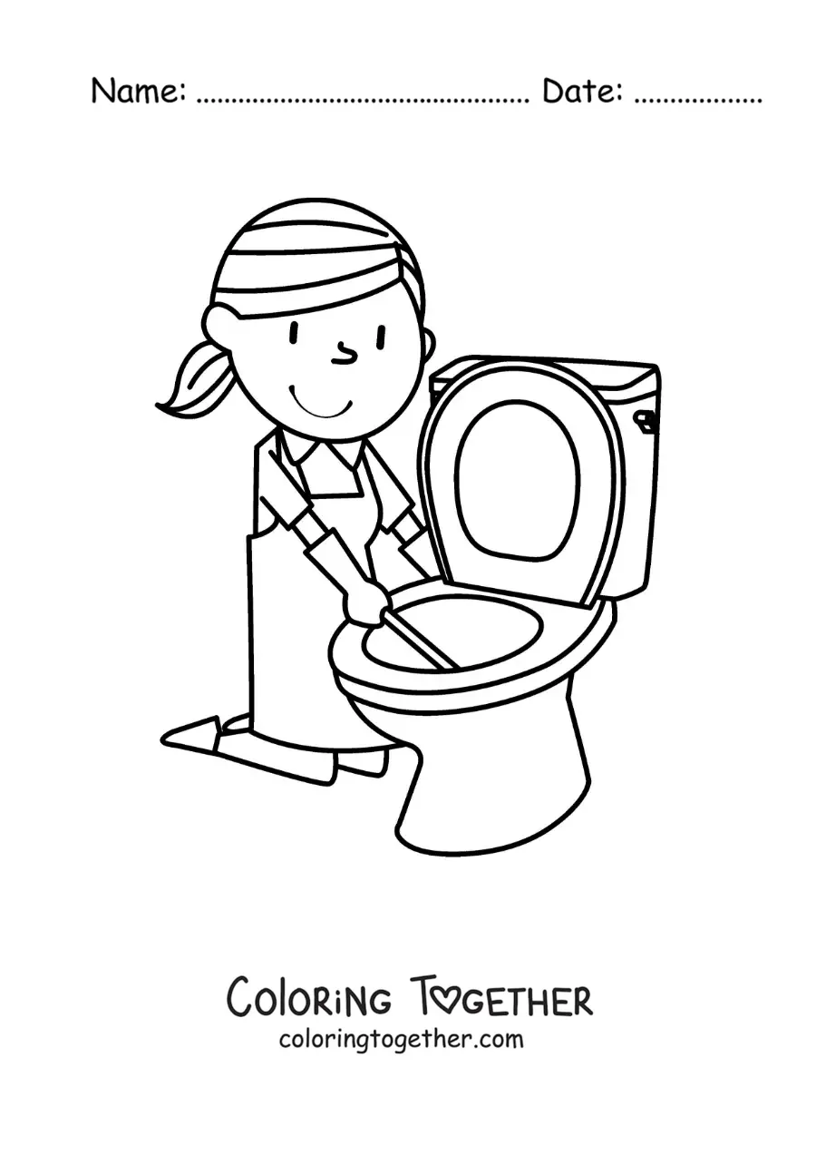 Coloring page of a cartoon woman cleaning the toilet