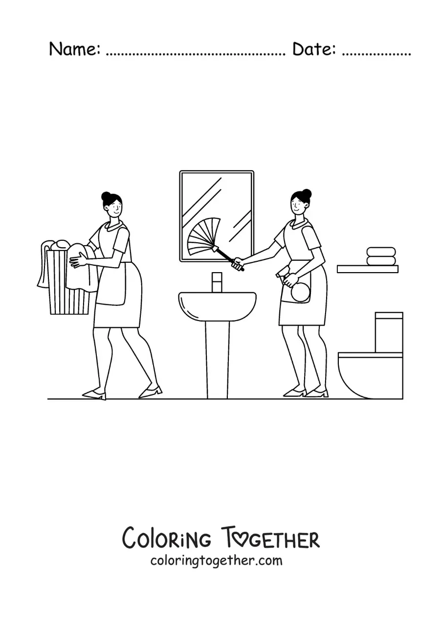 Coloring page of two girls cleaning a bathroom