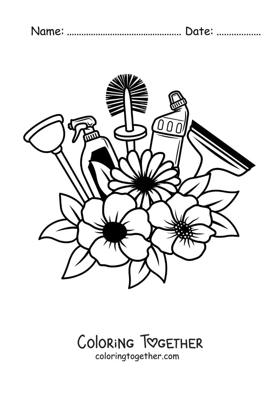 Coloring page of bathroom cleaning supplies with flowers