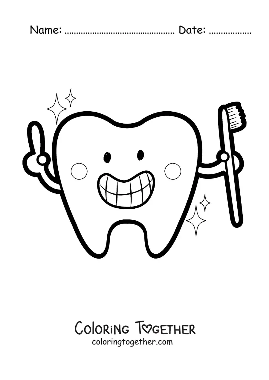 Coloring page of a kawaii cartoon tooth with a toothbrush