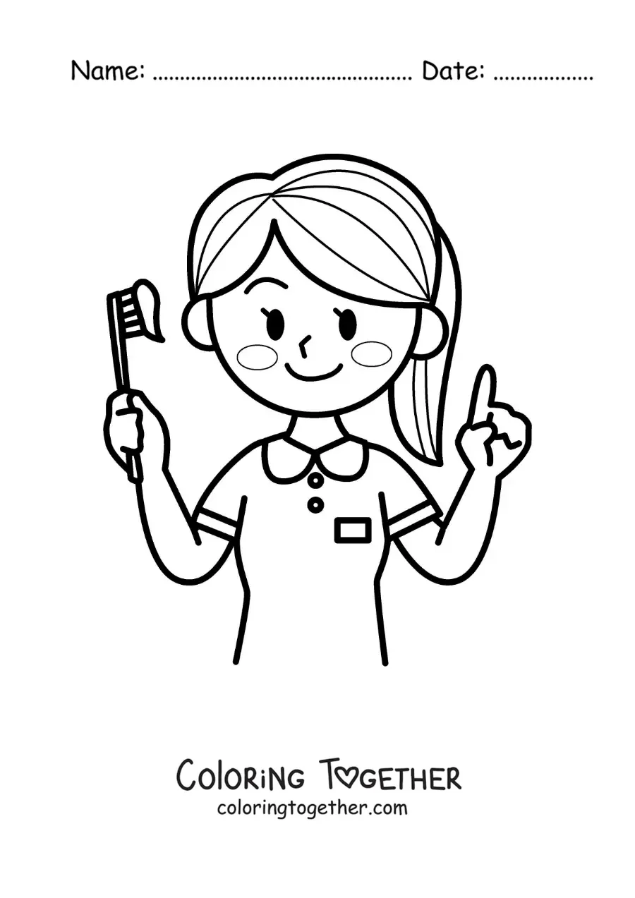 Coloring page of a kawaii girl with a toothbrush