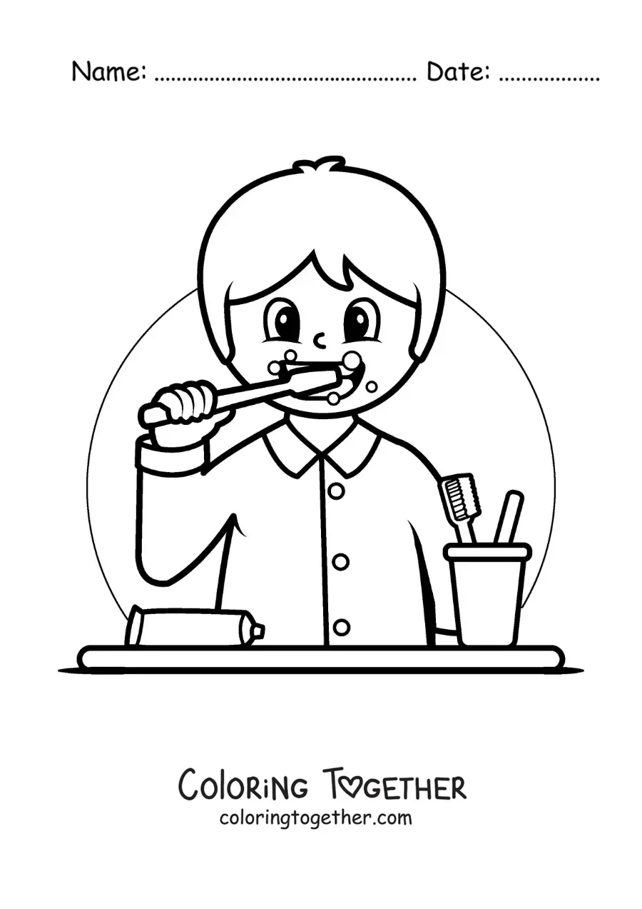 Coloring page of a cartoon boy brushing his teeth