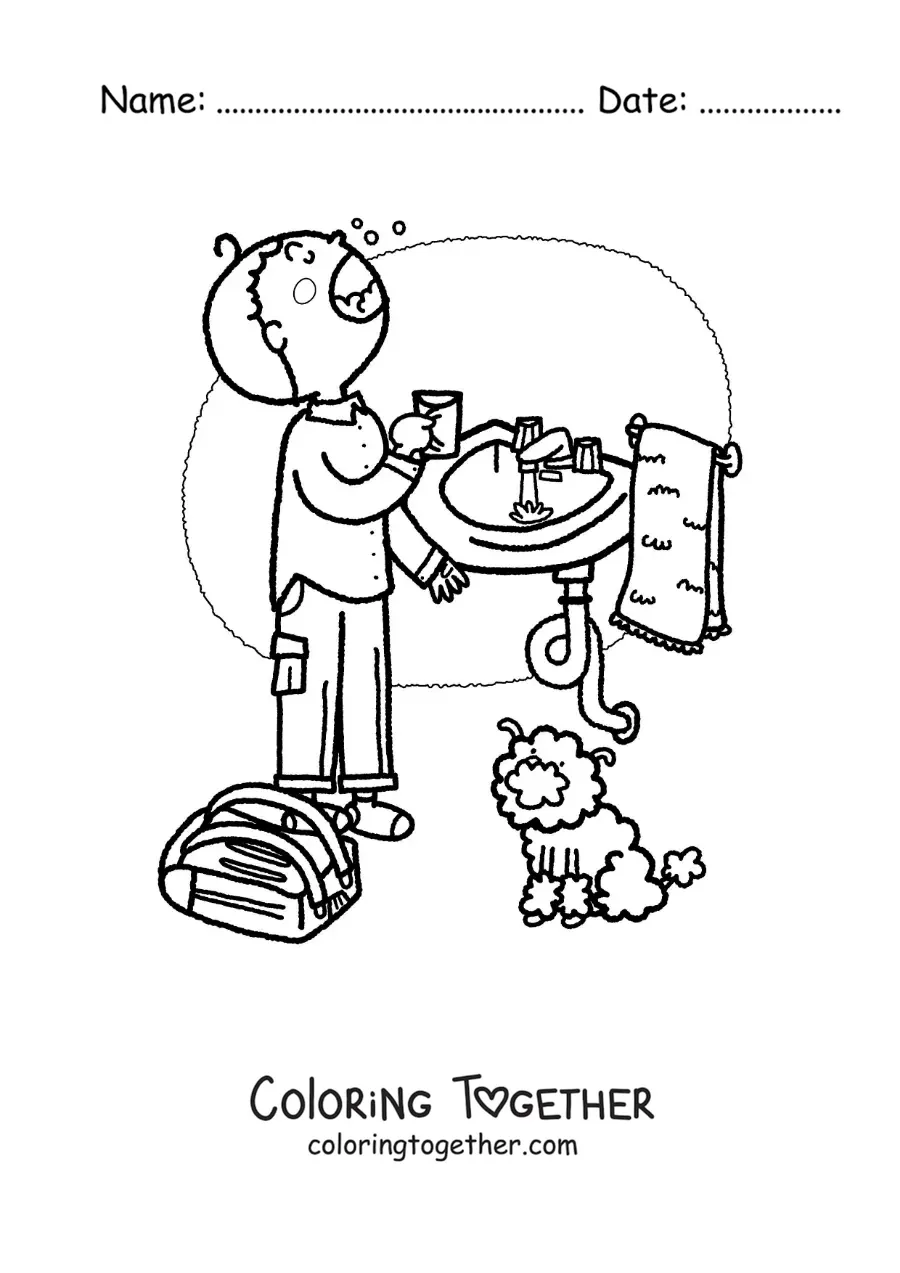 Coloring page of a boy using mouthwash after getting home from school