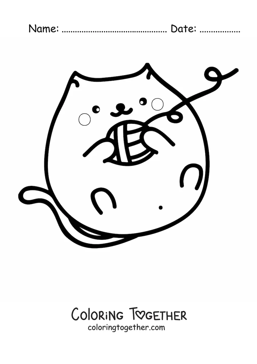 Coloring page of a kawaii cat lying down and playing with a ball of yarn