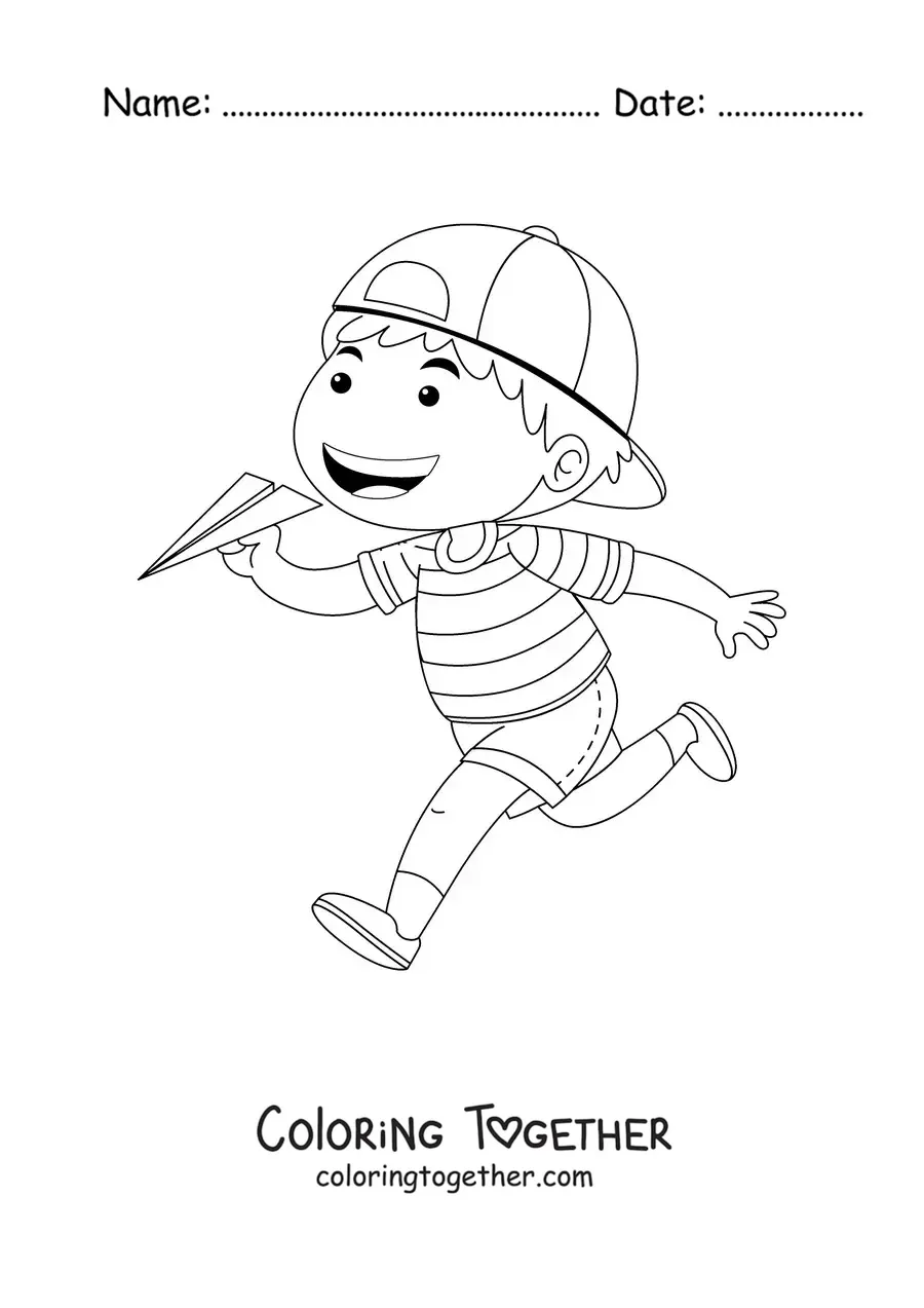 Coloring page of a boy running while holding a paper airplane