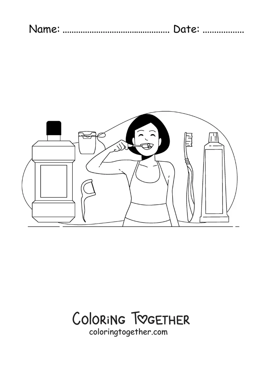 Coloring page of a girl brushing her teeth with mouthwash and floss