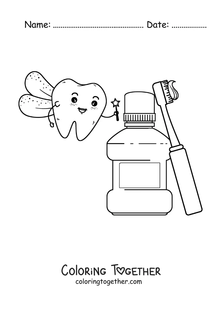 Coloring page of the tooth fairy next to the toothpaste and the mouthwash
