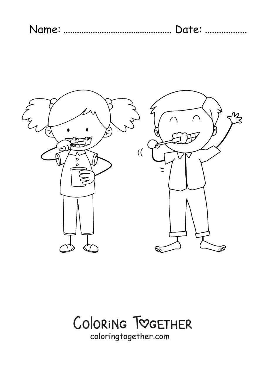 Coloring page of a cartoon of two children brushing their teeth