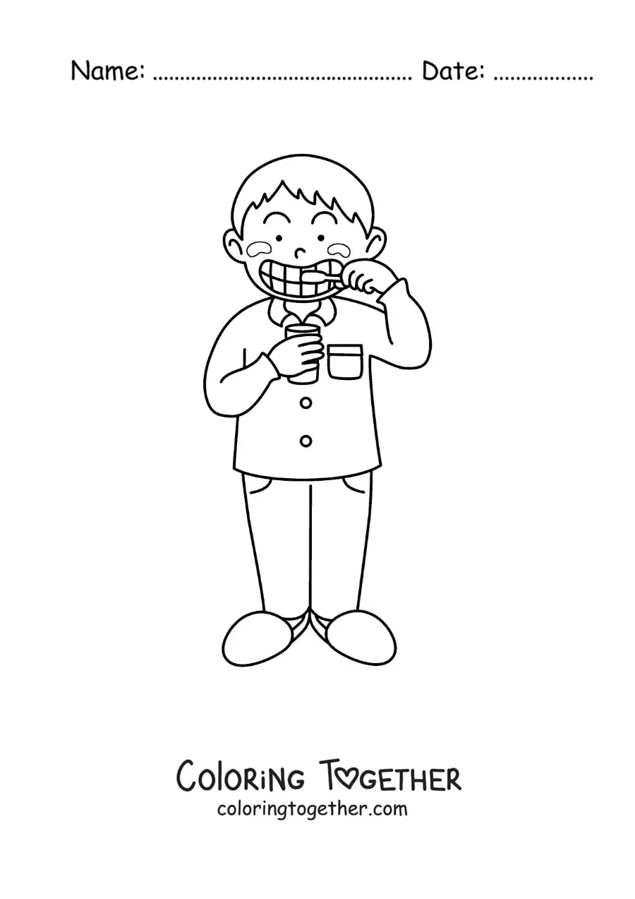 Coloring page of a boy brushing his teeth before bed