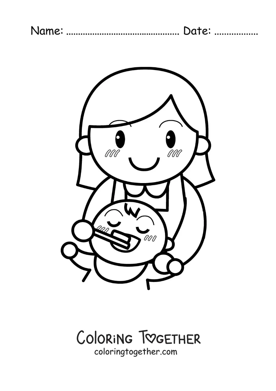 Coloring page of a mother brushing her baby's teeth