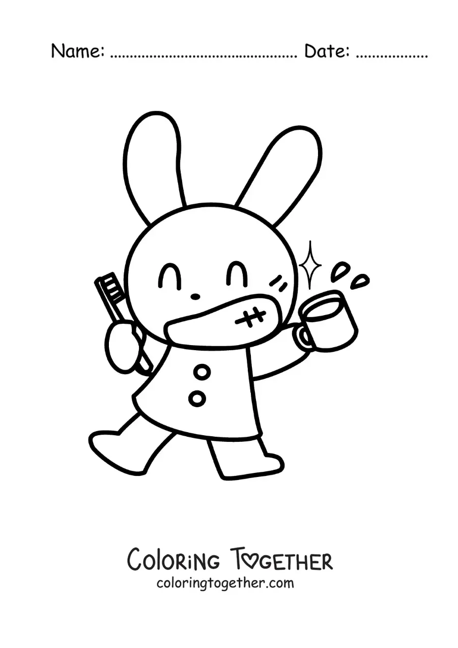 Coloring page of a kawaii rabbit brushing its teeth