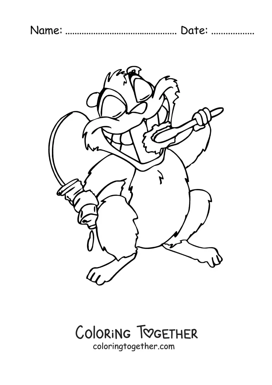 Coloring page of a cartoon of a squirrel brushing its teeth