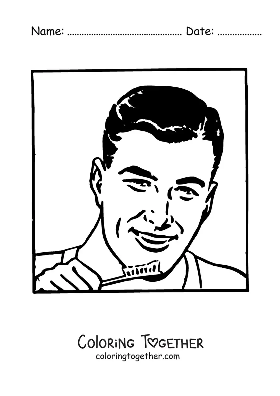 Coloring page of a handsome vintage man brushing his teeth