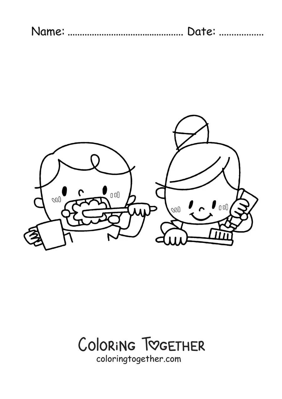 Coloring page of a girl and a boy brushing their teeth