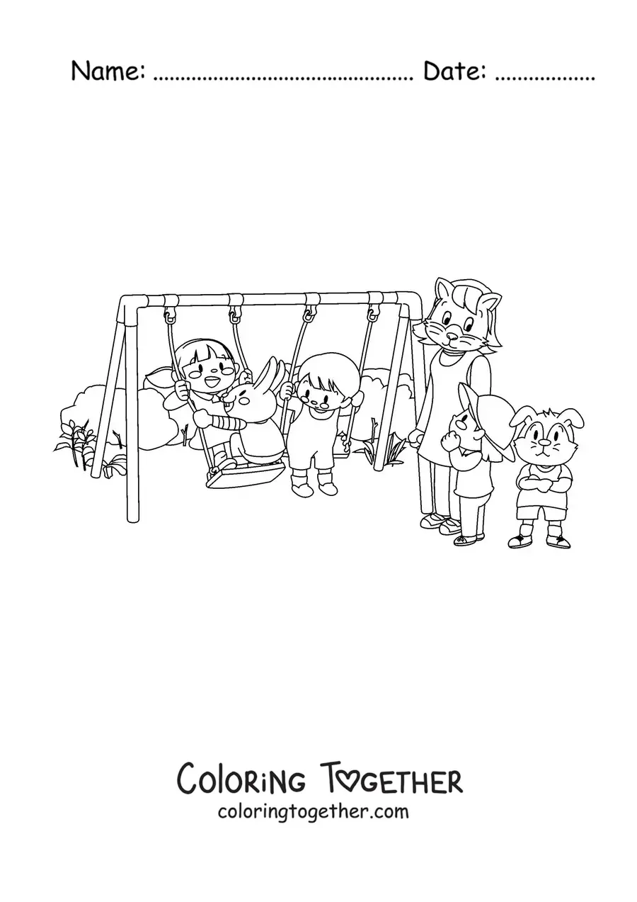 Coloring page of several children playing in the park with cartoon rabbits