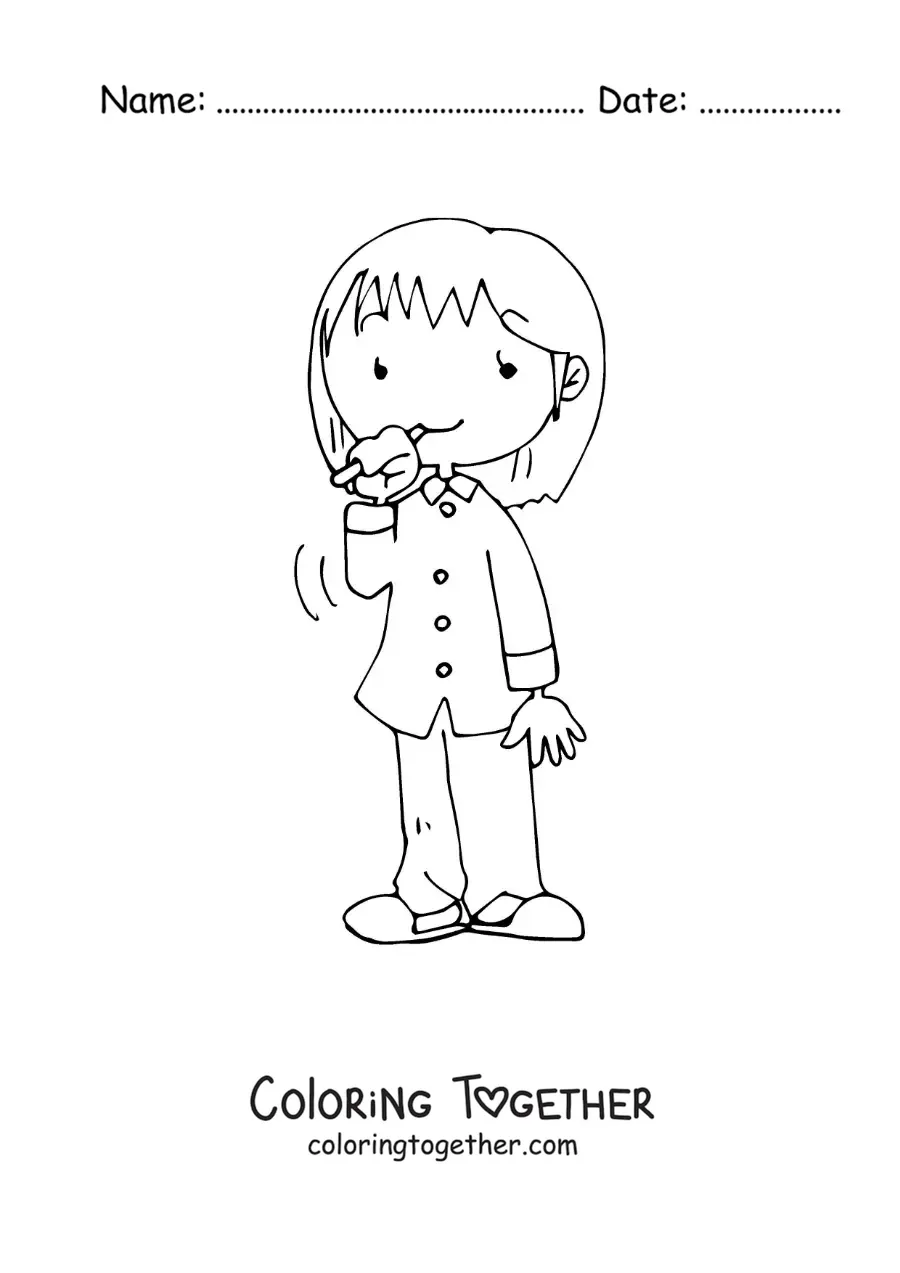 Coloring page of a girl brushing her teeth before bed