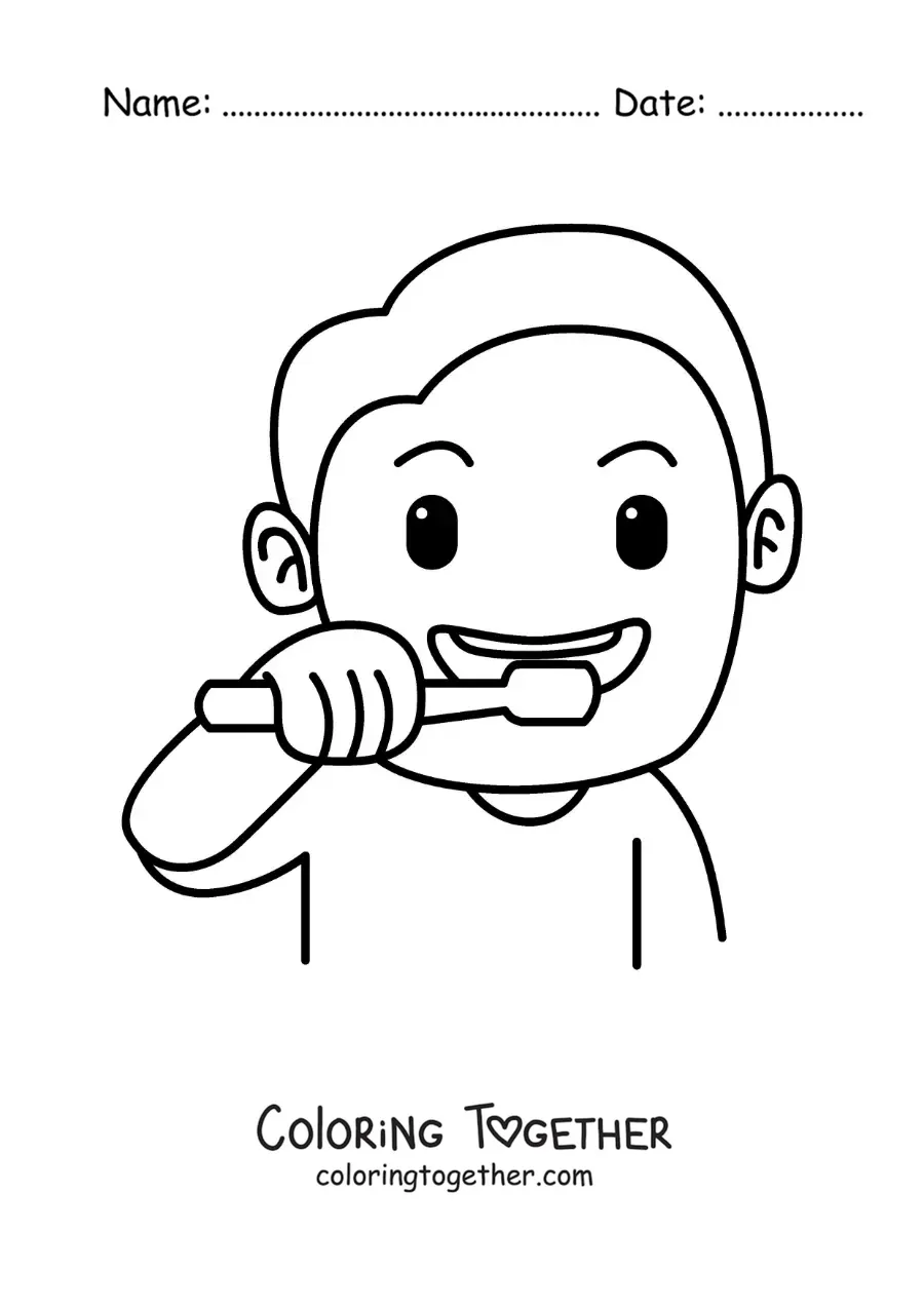 Coloring page of a boy brushing his teeth