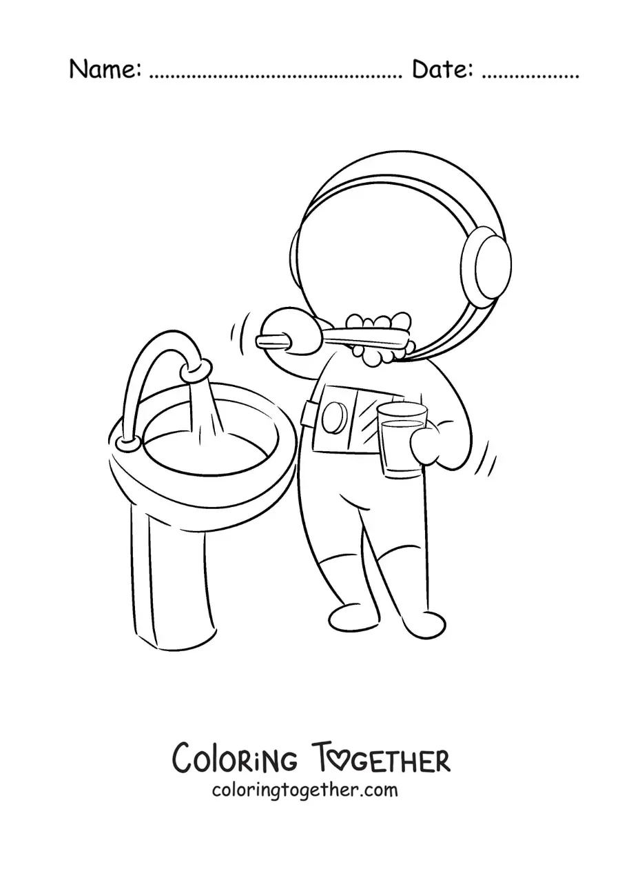 Coloring page of a cartoon astronaut brushing his teeth