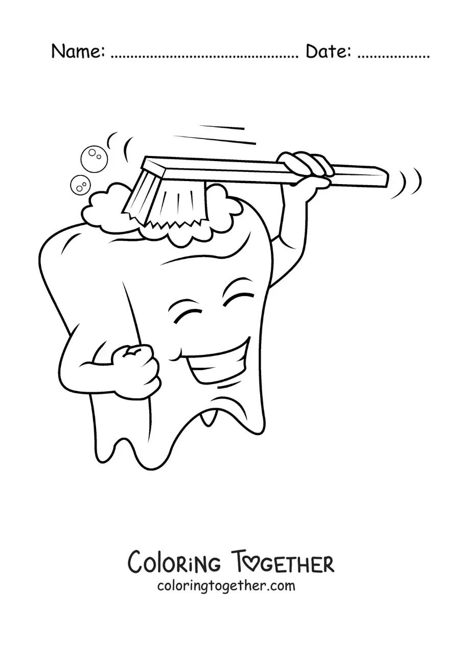 Coloring page of a cartoon of an animated tooth brushing itself