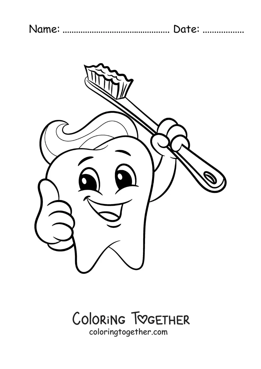 Coloring page of a cartoon of an animated tooth with a toothbrush