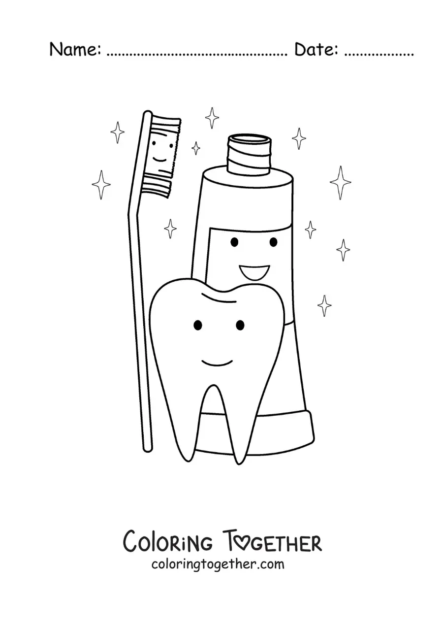 Coloring page of an animated tooth next to a tube of toothpaste and a brush