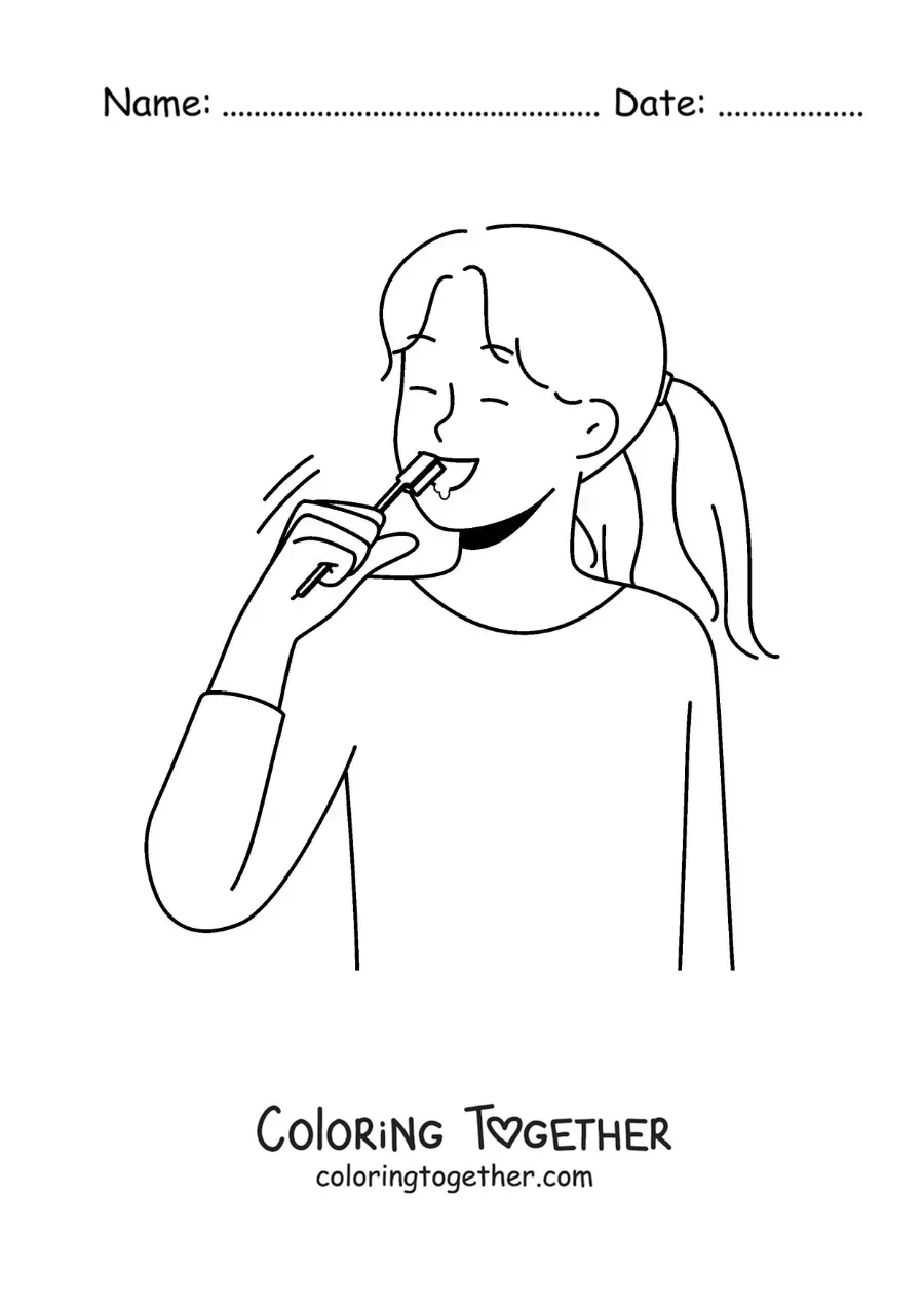 Coloring page of a girl brushing her teeth