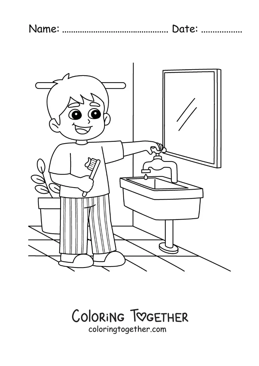 Coloring page of a boy brushing his teeth in the bathroom