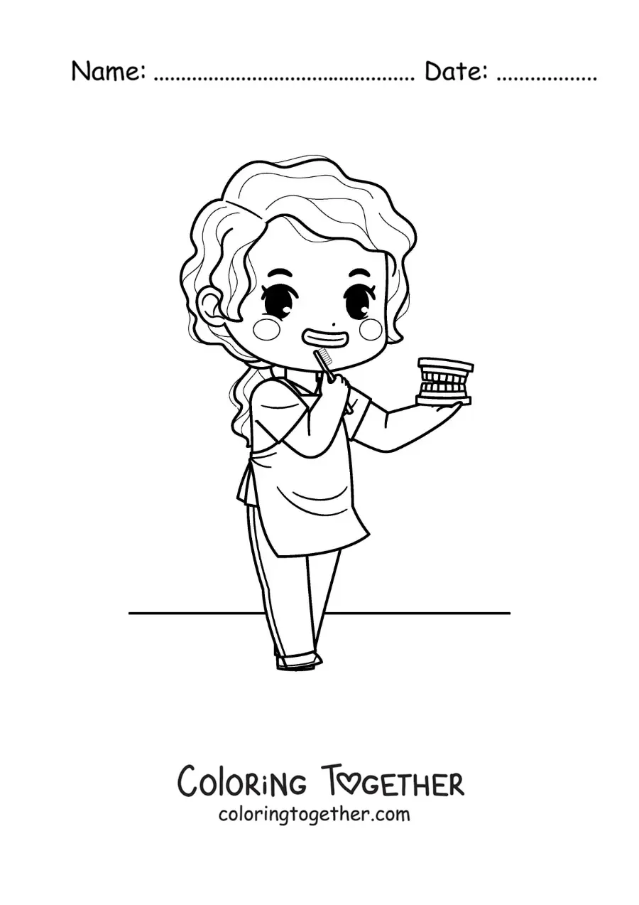 Coloring page of a kawaii dentist brushing her teeth