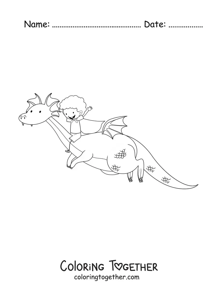 Coloring page of a boy riding a cartoon dragon