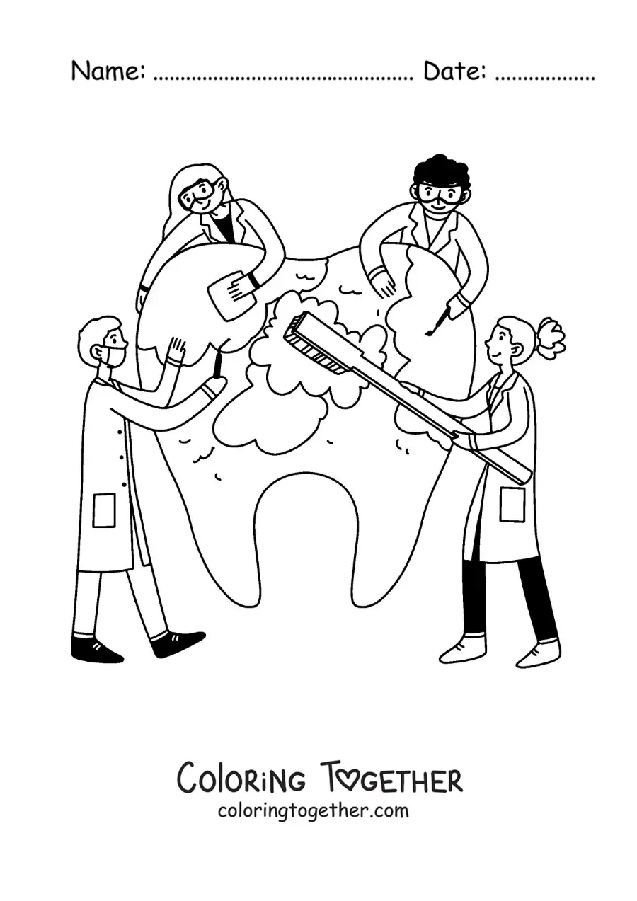 Coloring page of a group of dentists brushing a giant tooth