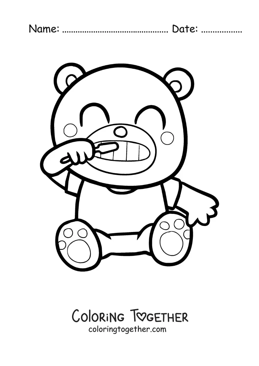 Coloring page of a kawaii teddy bear brushing its teeth