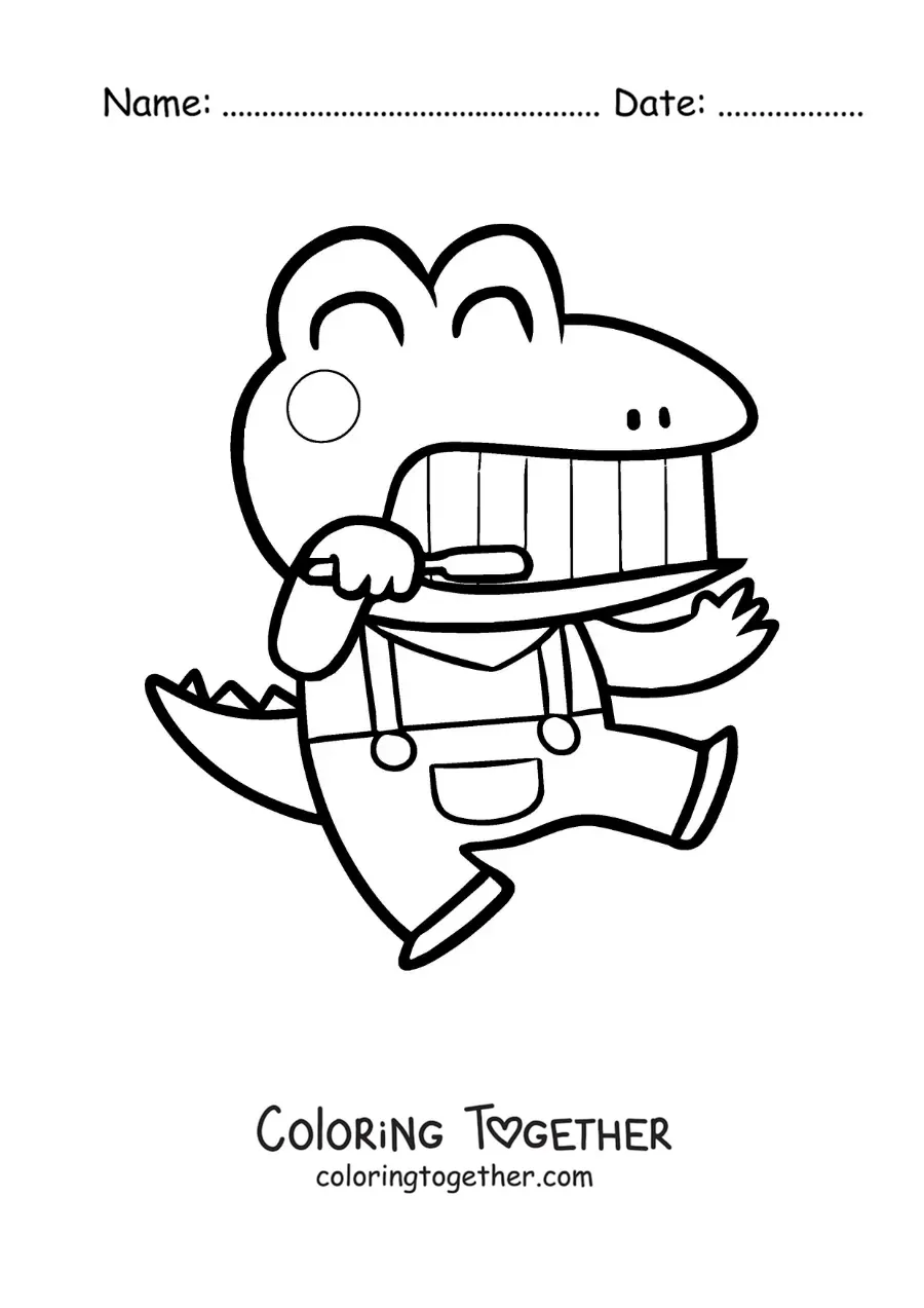 Coloring page of a kawaii cartoon crocodile brushing its teeth