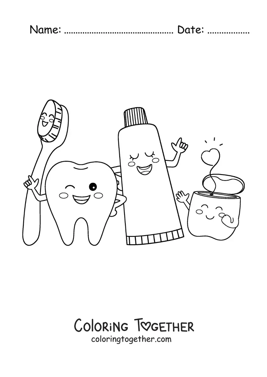 Coloring page of kawaii animated dental cleaning items