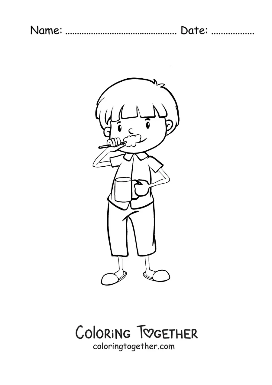 Coloring page of a boy brushing his teeth and using mouthwash