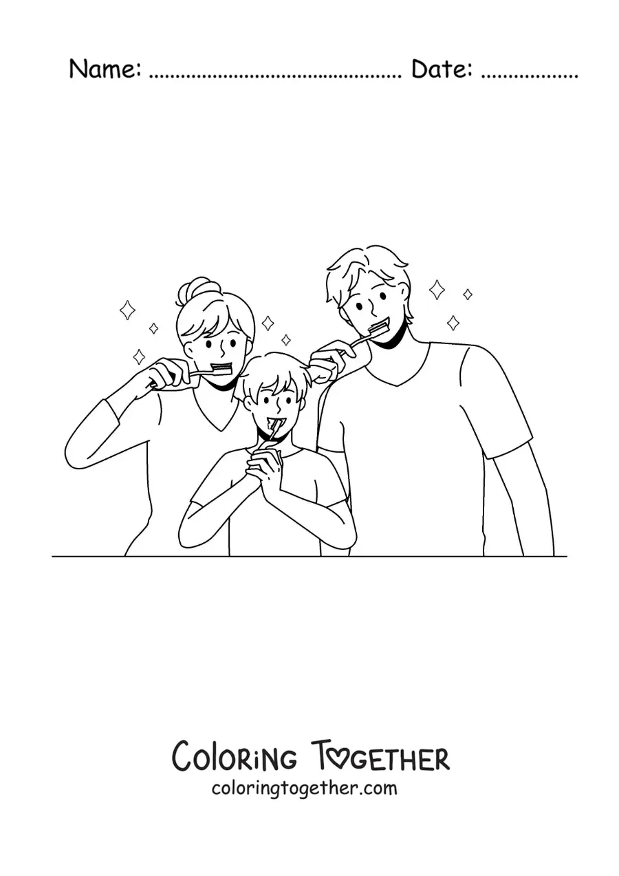 Coloring page of an animated family brushing their teeth