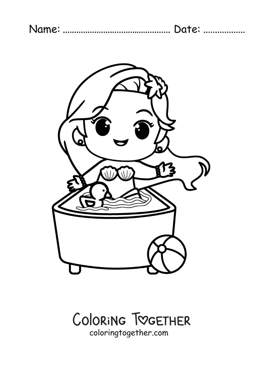 Coloring page of a kawaii mermaid taking a bath