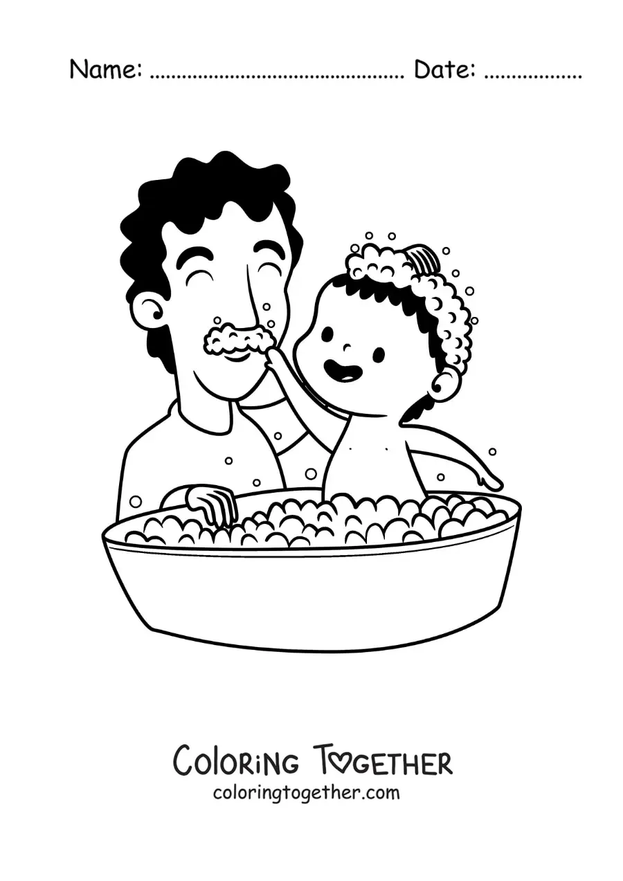 Coloring page of a father bathing his child