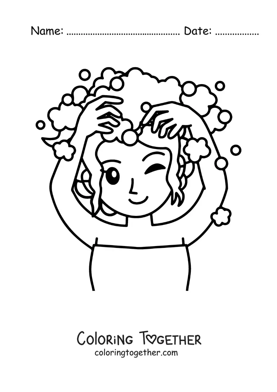 Coloring page of a kawaii girl washing her hair with shampoo