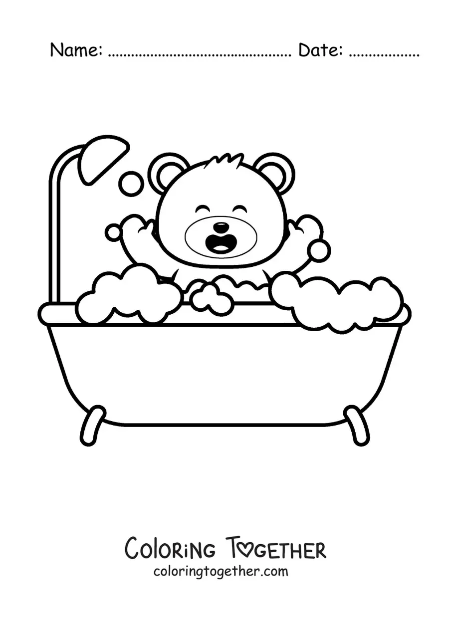 Coloring page of a kawaii teddy bear taking a bath