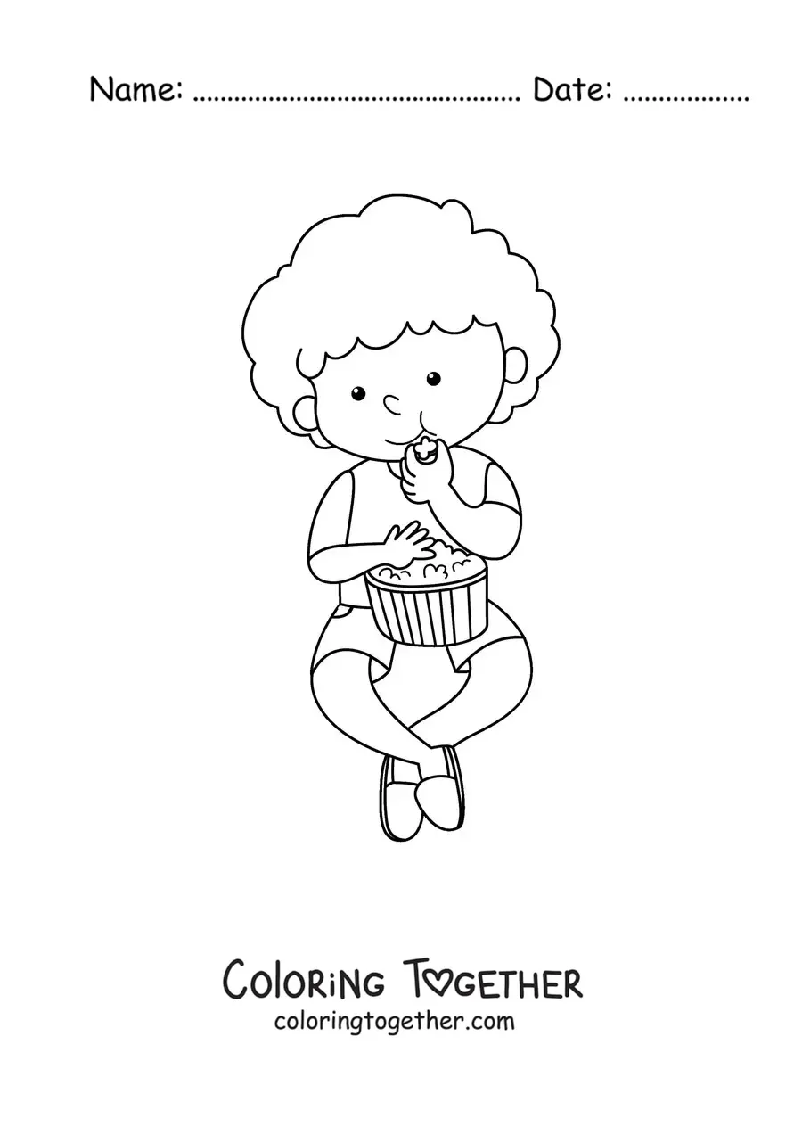 Coloring page of a boy sitting and eating popcorn