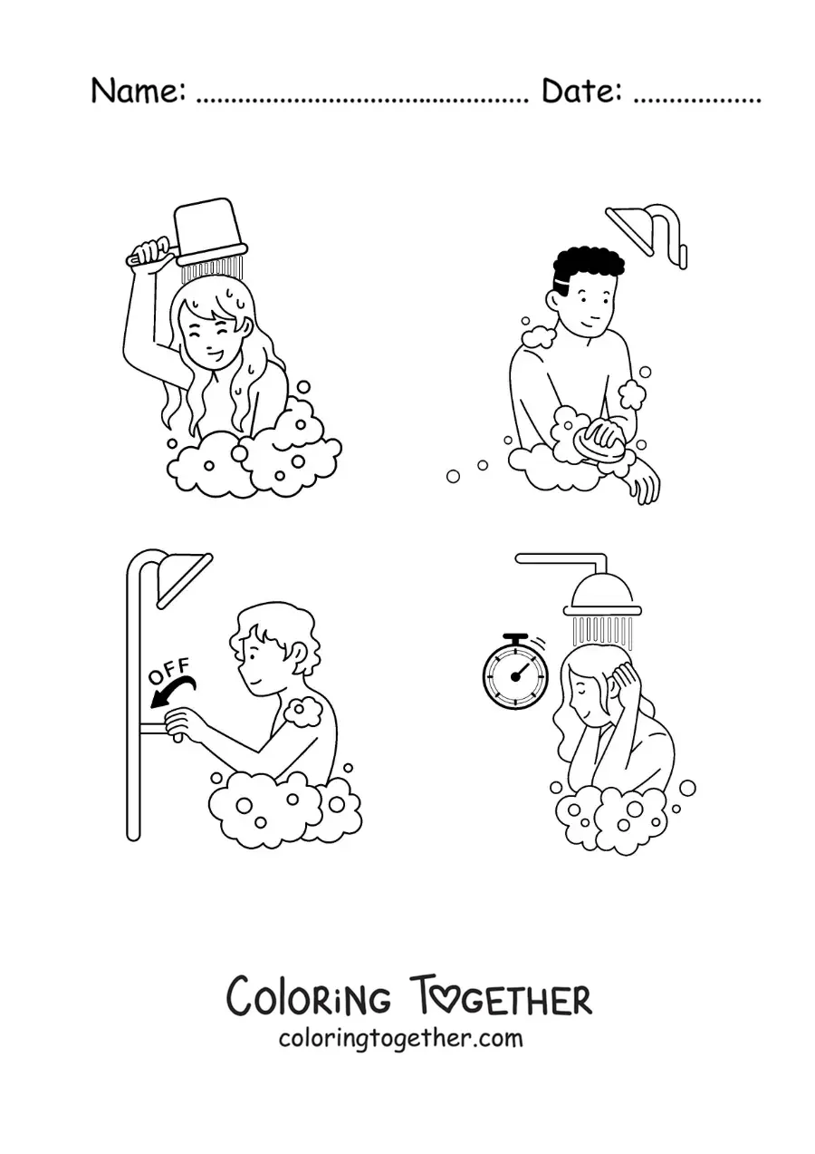 Coloring page of people taking a shower