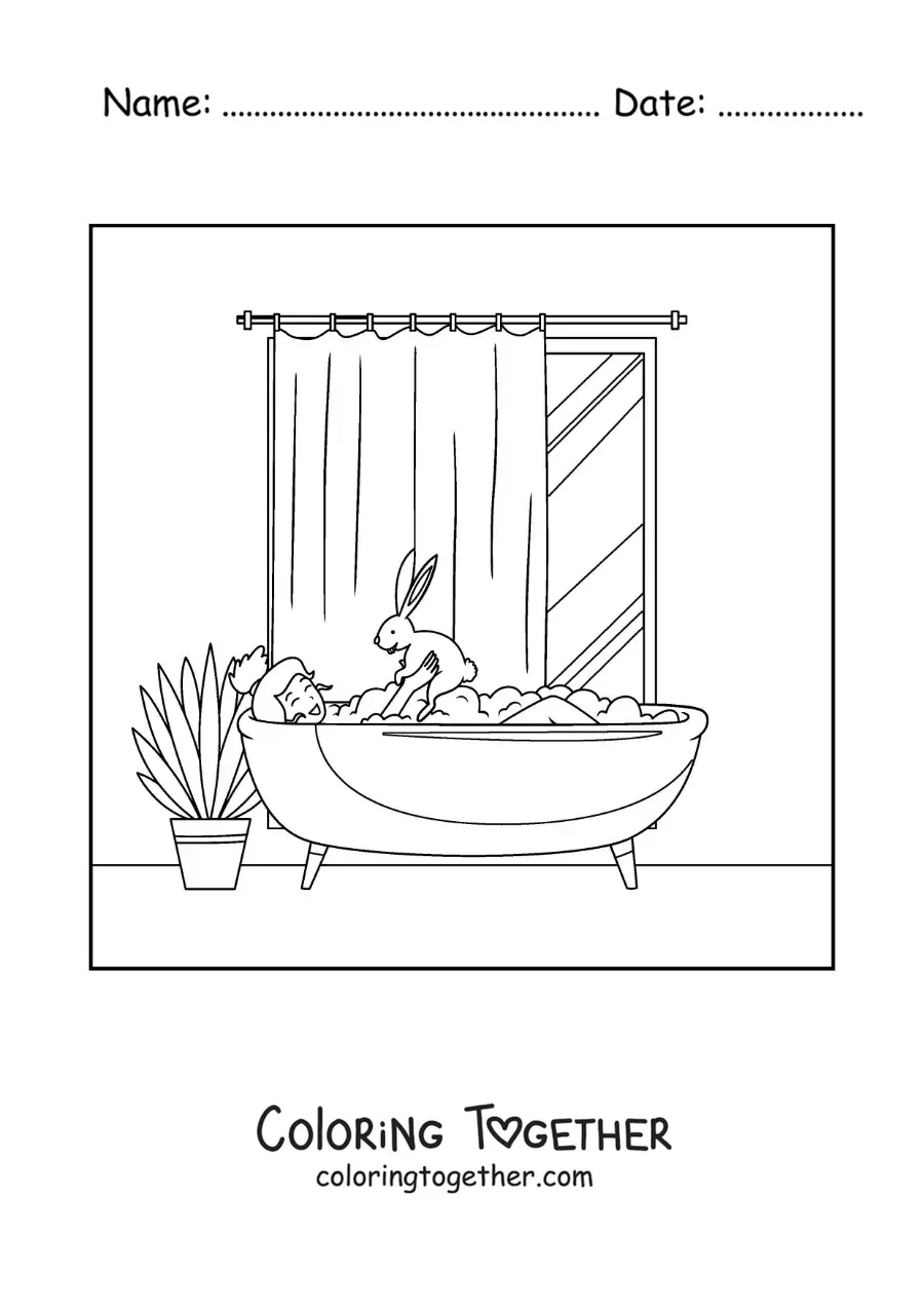 Coloring page of a girl taking a bath with her pet rabbit