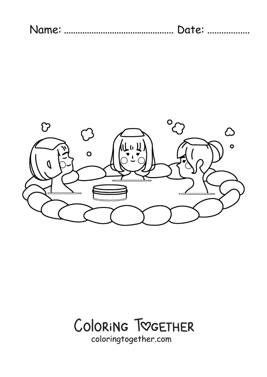 Coloring page of a traditional Japanese onsen bath