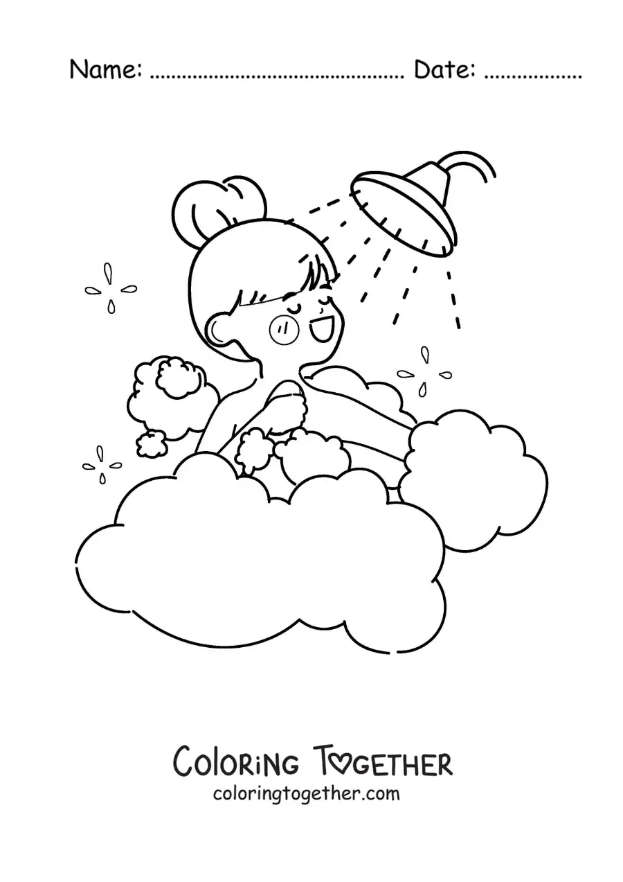 Coloring page of a kawaii girl washing up in the shower