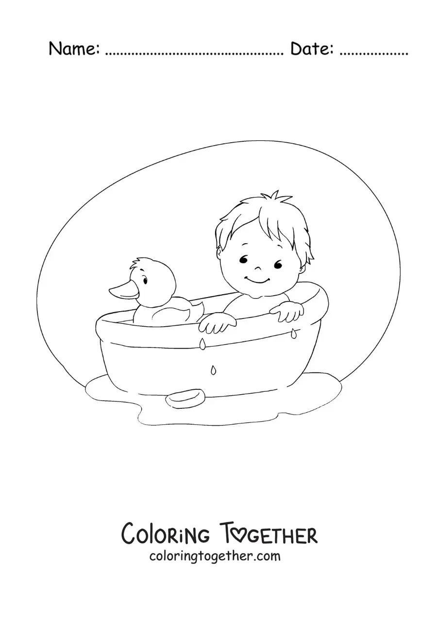 Coloring page of a baby in the bathtub with a rubber duck