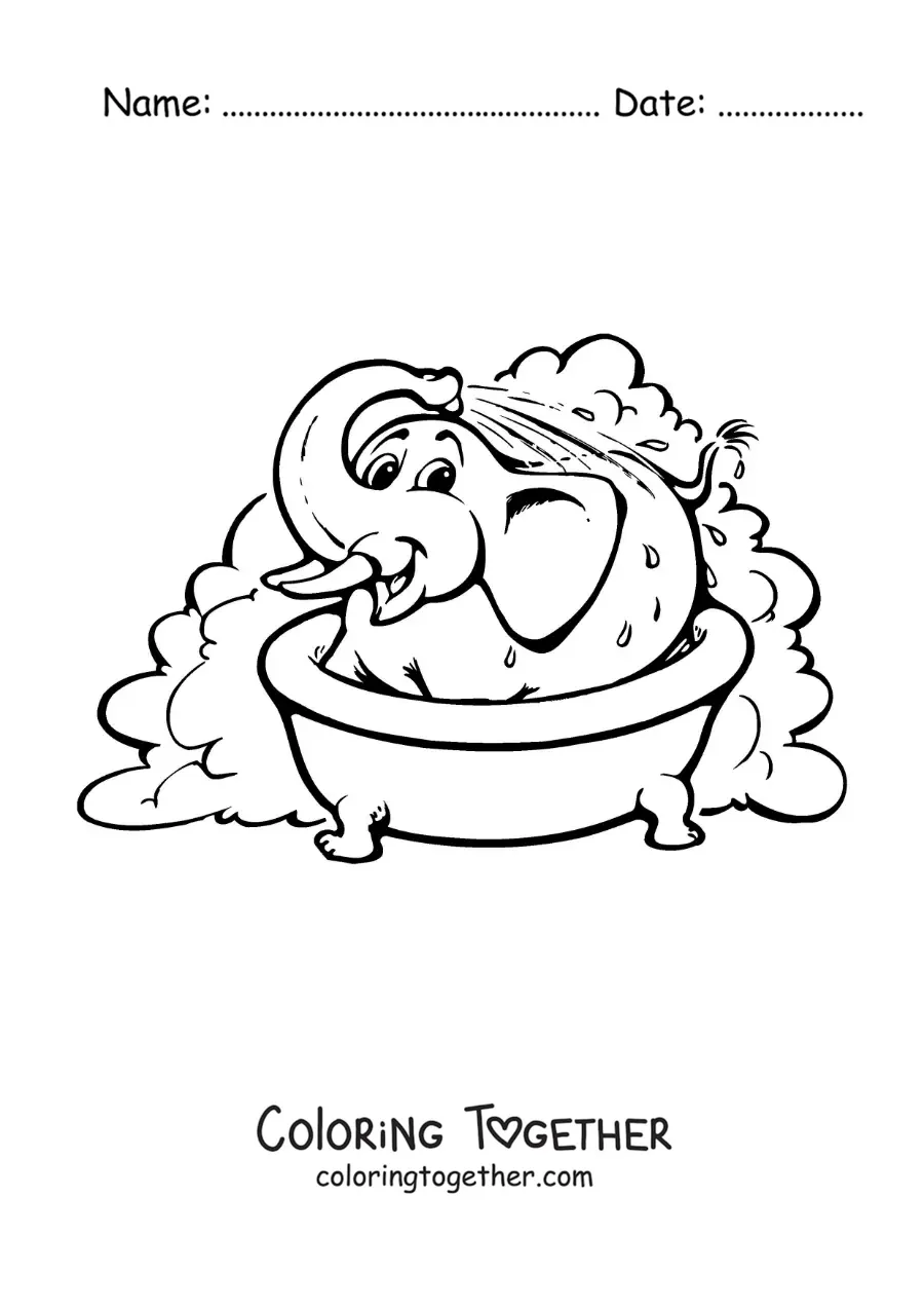 Coloring page of a cartoon elephant taking a bath in the bathtub