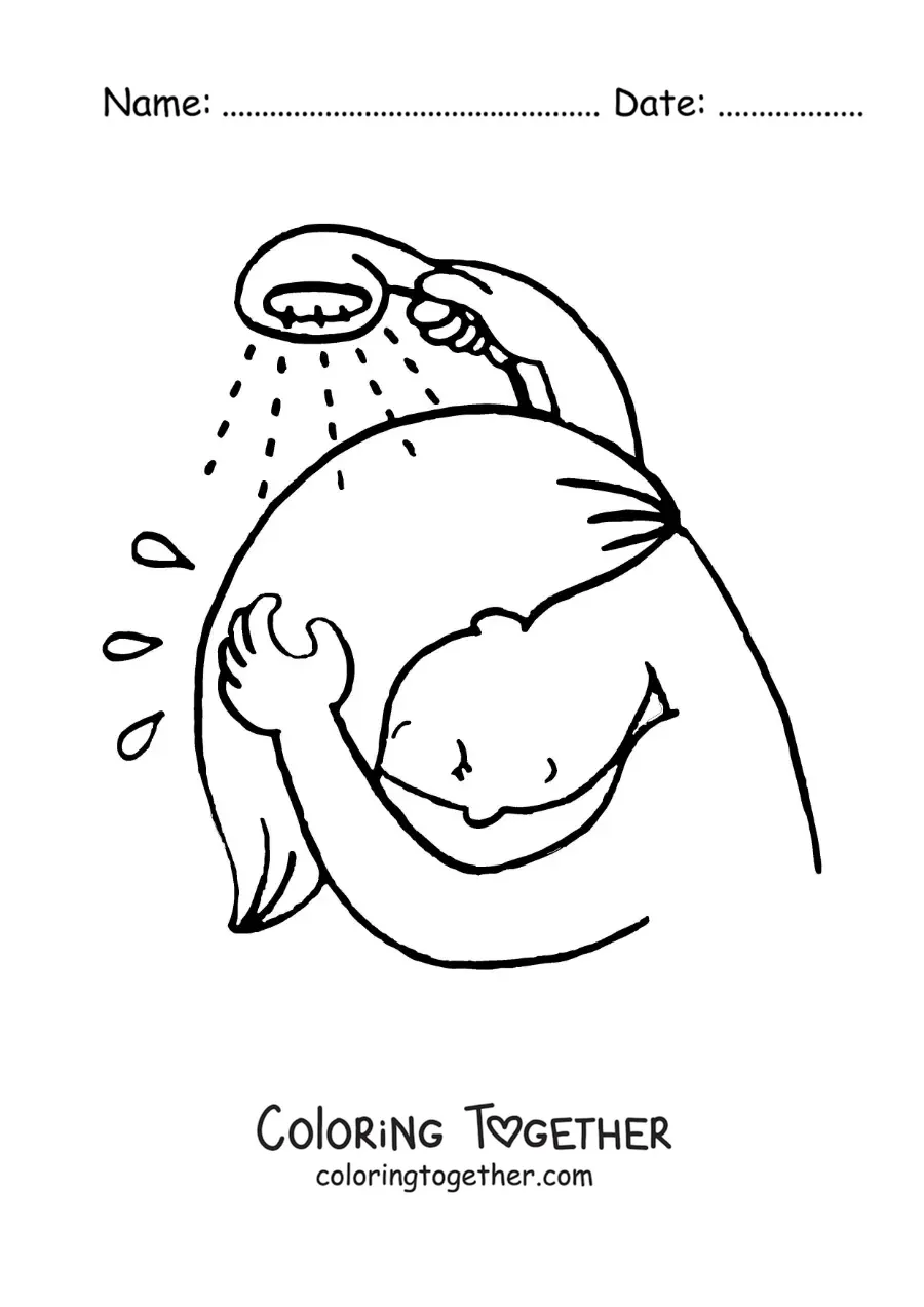 Coloring page of a girl rinsing her hair
