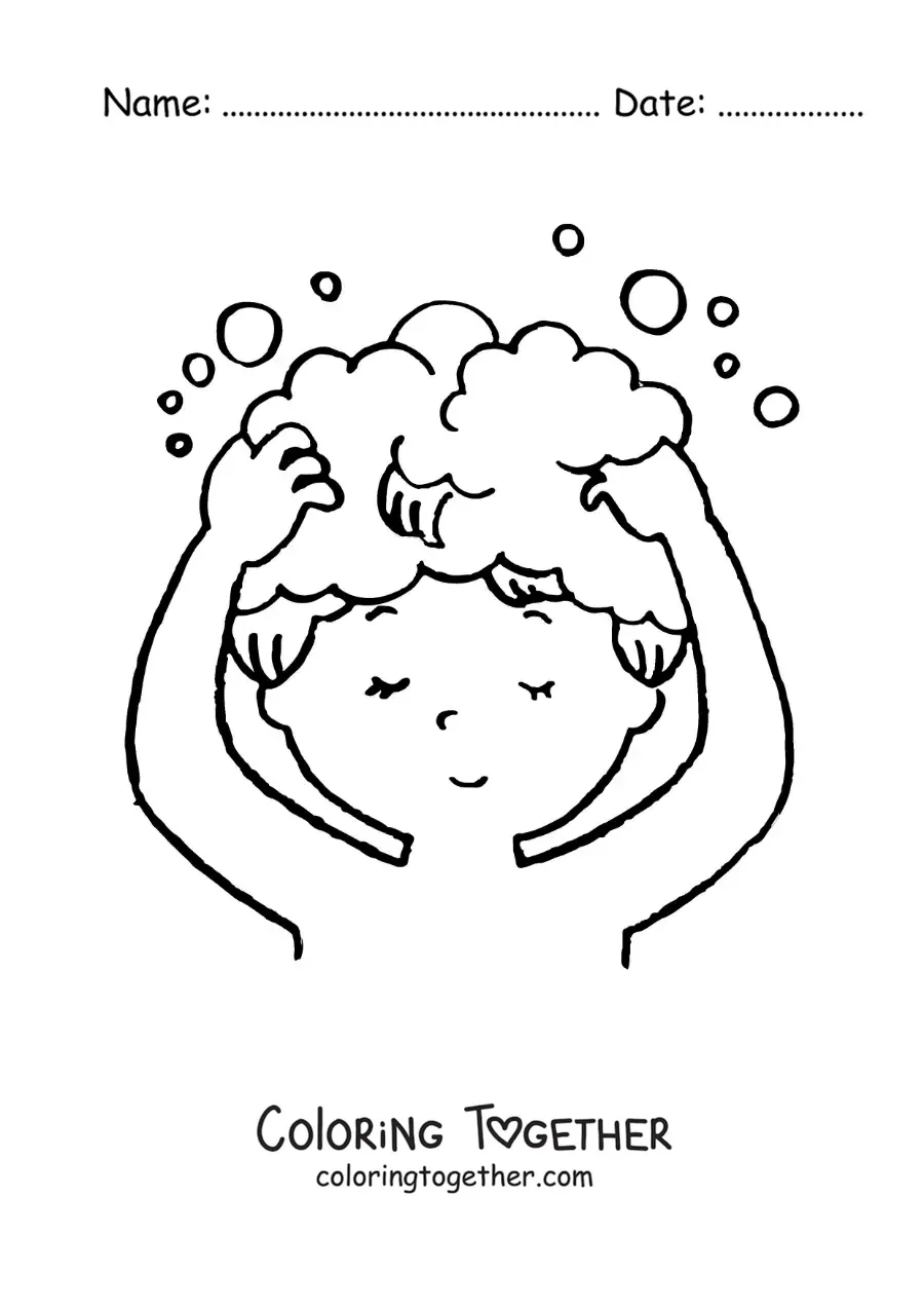 Coloring page of a girl washing her hair with shampoo